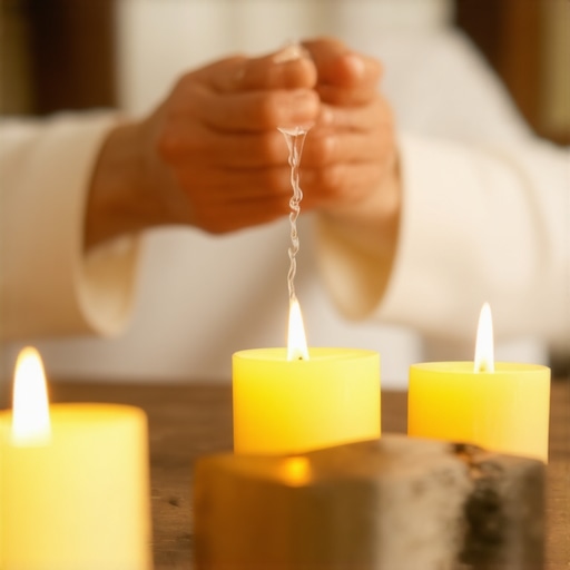 Person blessing a home with holy water and candles, symbolizing spiritual protection.