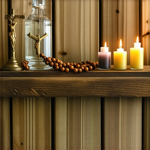 Religious artifacts such as holy water, crucifix, and prayer beads arranged for spiritual protection.