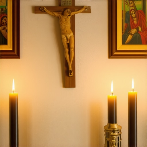 Spiritual Prayer Corner for Effective Warfare A well-organized prayer space with religious symbols and candles for spiritual warfare.