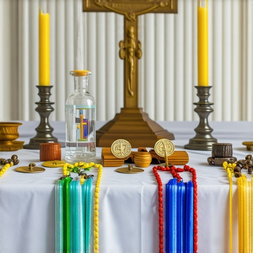 An altar with sacramentals used for maintaining spiritual defense, including holy water, medals, and prayer books.