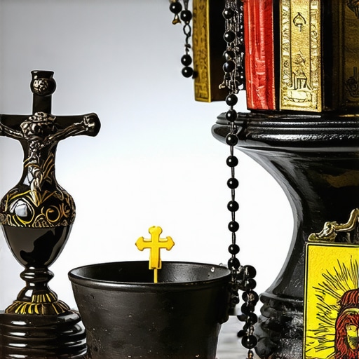 A prayer corner with holy water, rosaries, and religious icons for spiritual defense.