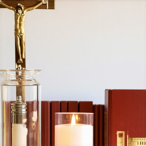 An altar with religious symbols and blessed items for spiritual defense.