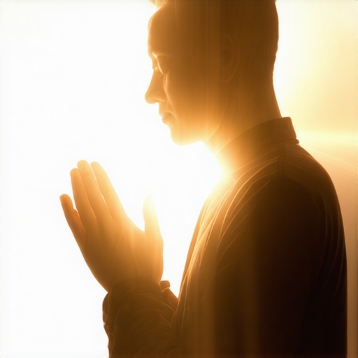 Spiritual Shield Through Prayer Person praying with divine light and shield of energy