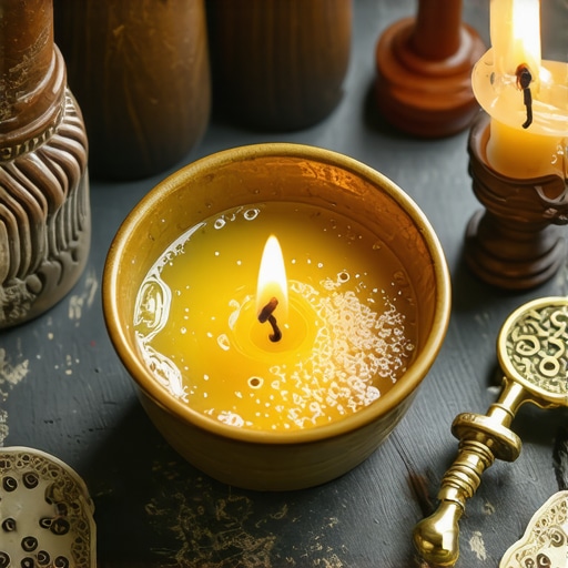 Holy water, crucifix, blessed salt, and prayer books arranged on an altar