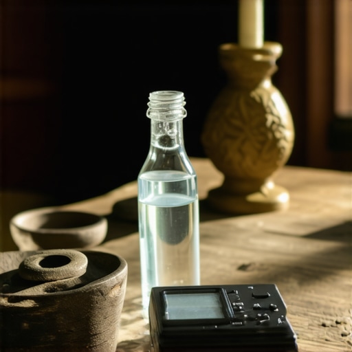 Spiritual Tools for Exorcism Religious artifacts, holy water, and audio recorder on altar during exorcism ritual