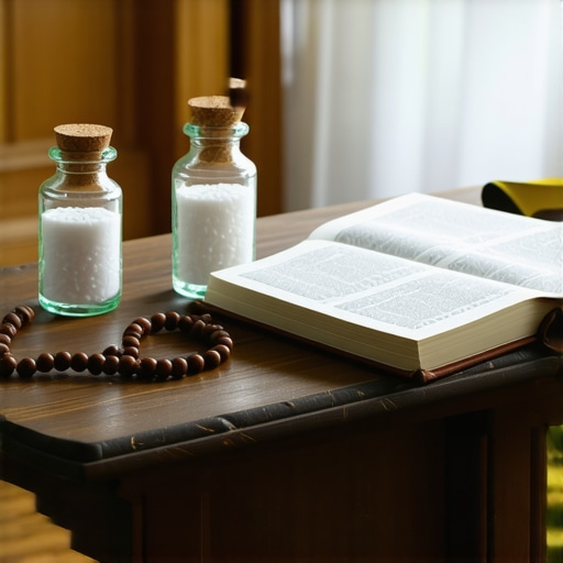 Religious items used in exorcism rituals including salt, holy water, and prayer beads on a table.