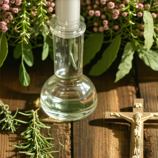 Holy water with blessed herbs, a crucifix, and a prayer app on a smartphone for spiritual protection.