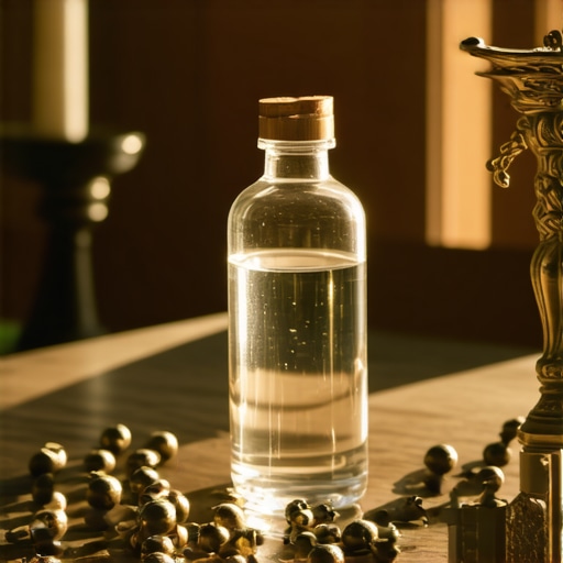 Holy water, relics, and prayer beads arranged on a spiritual altar for exorcism maintenance