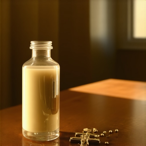 A prayer corner featuring holy water, blessed oils, and a rosary