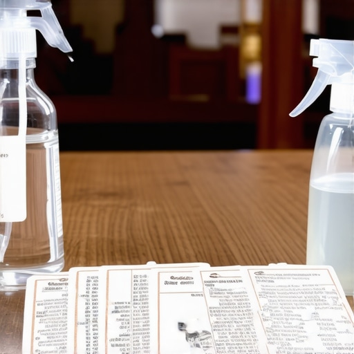Holy water spray bottle and prayer cards on a church altar