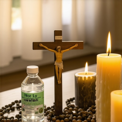 An arrangement of Catholic spiritual tools like holy water, crucifix, and blessed candles used for maintaining spiritual protection.
