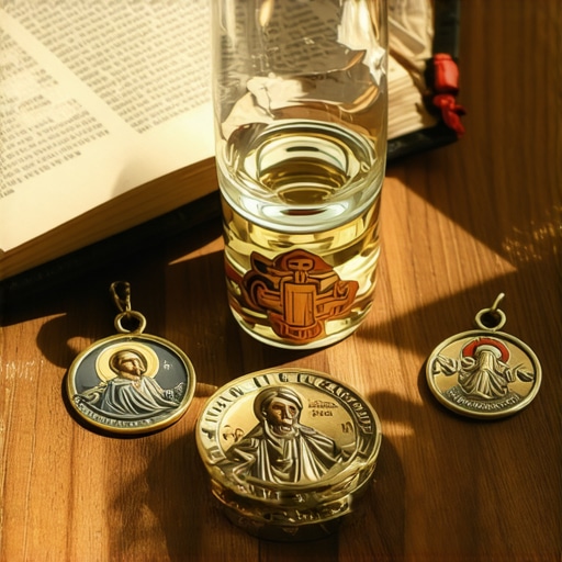 Sacramentals such as holy water, saint medals, and prayer books laid out for spiritual protection.