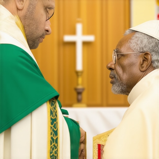 Catholic priest consulting with a parishioner during a spiritual evaluation.