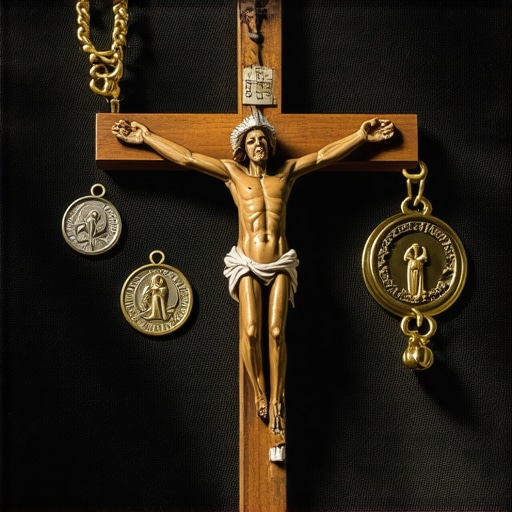 Catholic crucifix and blessed medals used for spiritual protection during exorcism routines.