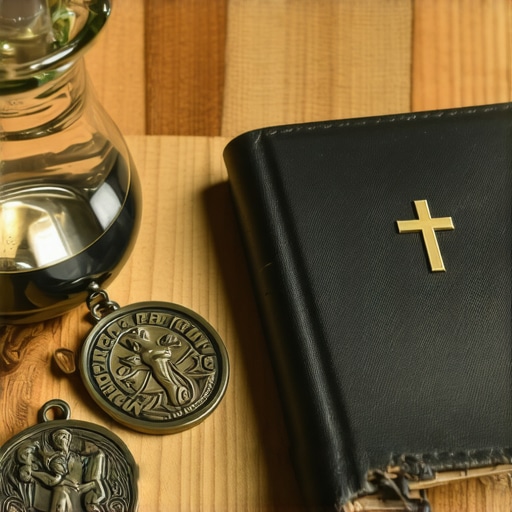 Holy water, blessed medals, and a prayer journal arranged on a table as spiritual protection tools.
