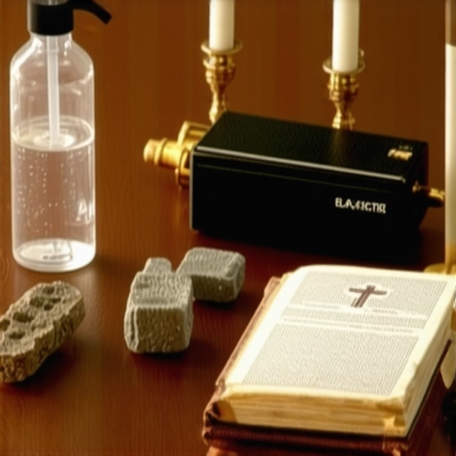 Catholic ritual tools arranged on an altar, including holy water sprayer and prayer books.