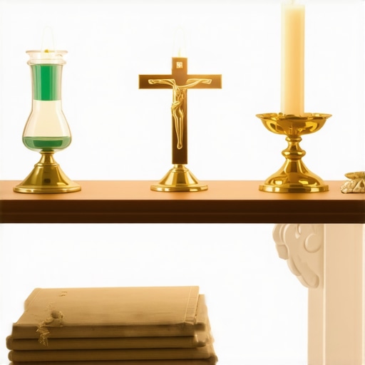 An altar displaying holy water, crucifixes, medals, prayer books, and prayer apps, representing spiritual tools for defense.