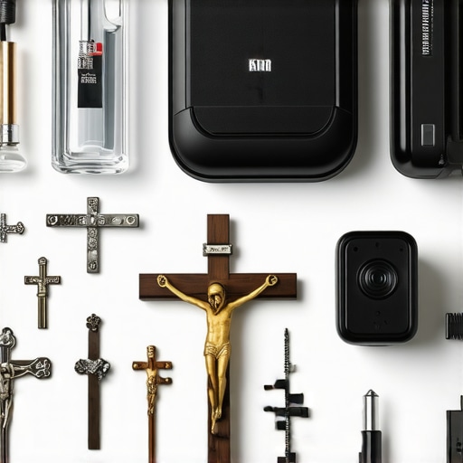 Various religious artifacts and modern surveillance equipment used in spiritual warfare and exorcism efforts.