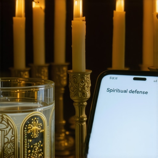 Tools for Spiritual Defense and Maintenance Altar setup with holy water, candles, and a mobile app for spiritual protection.
