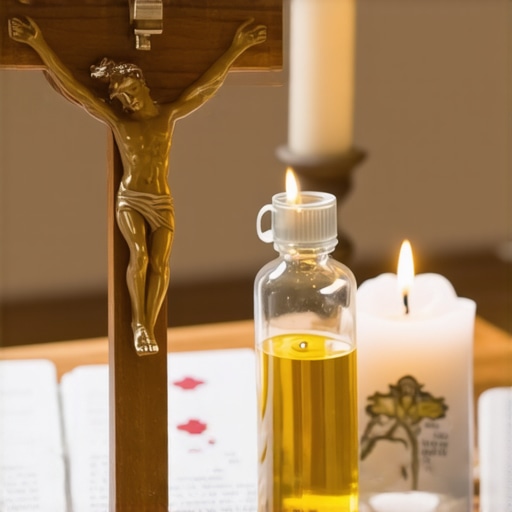 Close-up of a crucifix, holy water, and prayer cards on an altar representing spiritual tools for exorcism support.