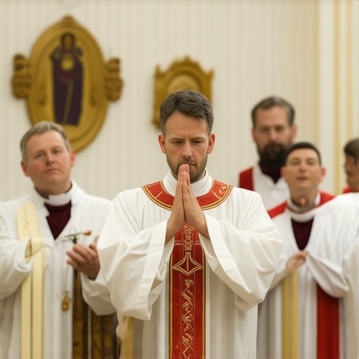 Priest performing exorcism in Virginia residence with sacred symbols