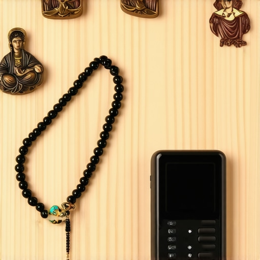 A digital voice recorder on a wooden table surrounded by prayer beads and religious icons, used for monitoring spiritual disturbances.