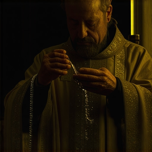 Catholic priest performing exorcism with holy water in church