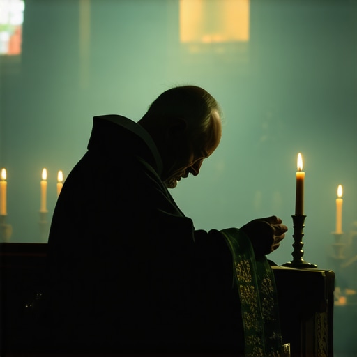Priest performing Catholic exorcism ritual with sacred symbols in a church