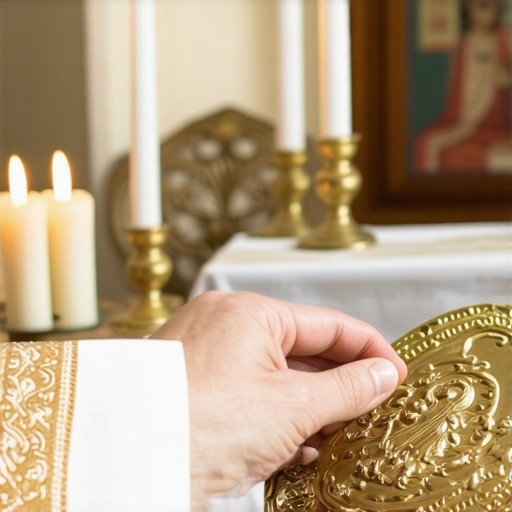 A priest's hand holding a blessed relic at a home altar decorated with candles and icons.