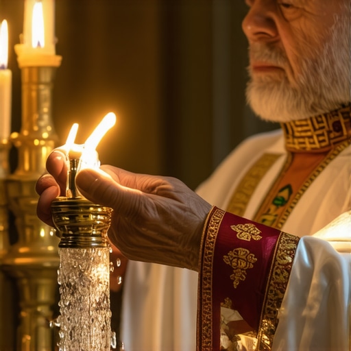 A priest blessing holy water and salt in a church setting for ongoing spiritual protection