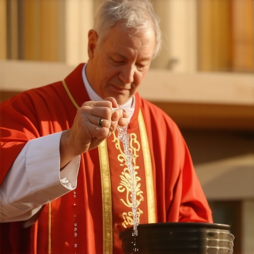 A priest performing a house blessing with holy water to ward off negative energies.