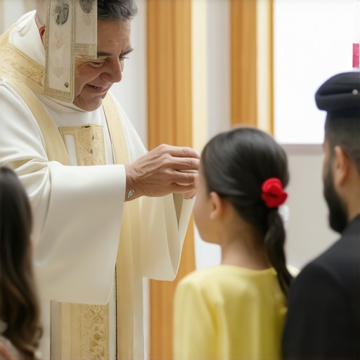 A priest conducting a formal Catholic exorcism ritual with family members observing.