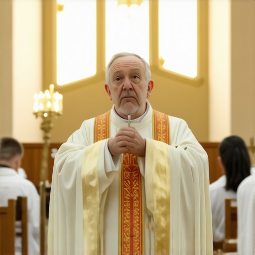 A priest performing an exorcism with religious artifacts and symbols in a church setting.