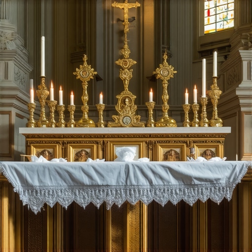 A priest performing exorcism rites at an altar with sacred objects and prayer candles