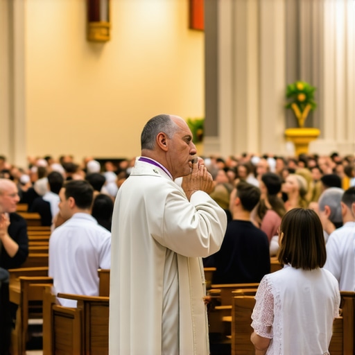 A priest conducts a formal Catholic exorcism ceremony with a praying congregation.