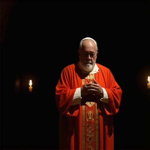 A priest conducting a spiritual exorcism in a church setting with sacred symbols