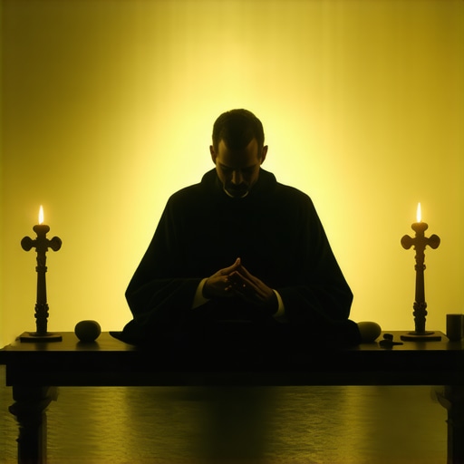 Catholic Exorcism Scene in Virginia A priest performing an exorcism with sacred symbols in a Virginia church setting.