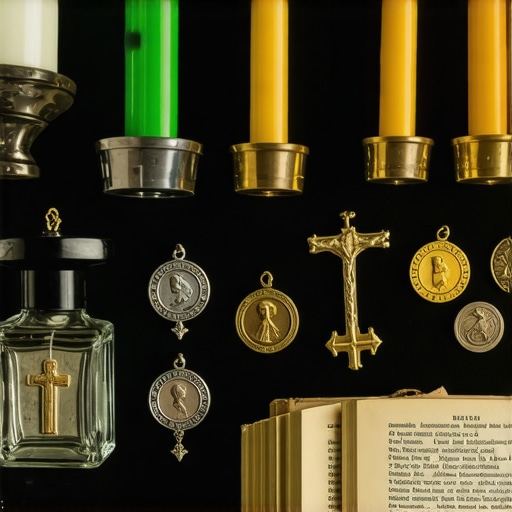 A ritual kit including holy water, relic medals, and prayer tools used by exorcists in Virginia and Washington DC.