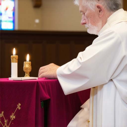 A priest leading a formal exorcism ritual with religious symbols and dark spiritual presence