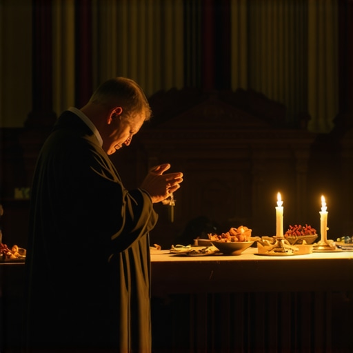 A priest conducting a spiritual exorcism with sacred objects nearby.