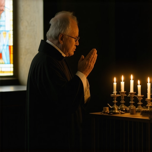 Priest performing exorcism with sacred objects in a church
