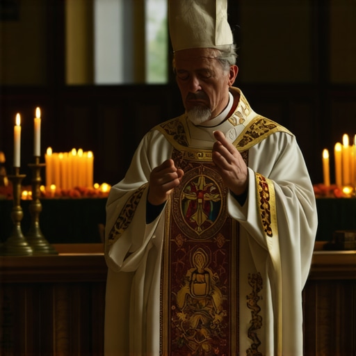 A priest conducting a Catholic exorcism with believers present in a sacred setting.