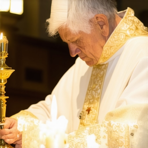 A priest conducting a formal exorcism in a church setting with sacred objects.
