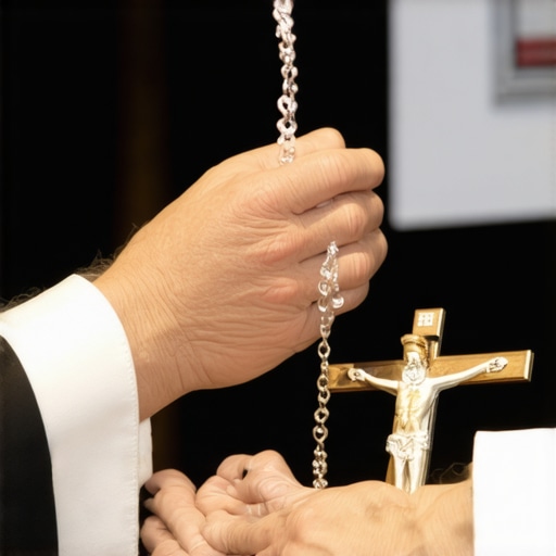 Priest performing exorcism with holy water and crucifix during a Catholic ritual
