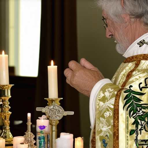 Catholic priest blessing a Virginia home during exorcism Priest in religious vestments conducting a spiritual blessing in a Virginia residence.