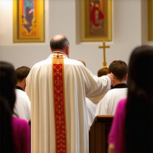 Priest performing exorcism with family in church