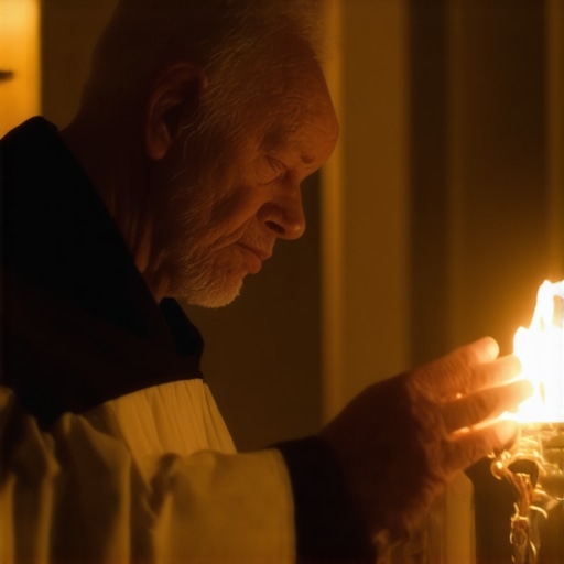 Priest leading a spiritual exorcism prayer with holy water and crucifix in a church setting