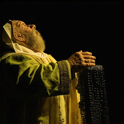 Priest performing exorcism with holy water and sacred symbols in a church