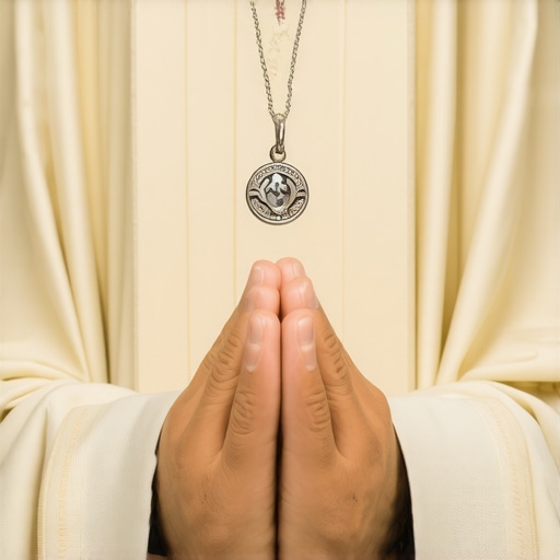 Person holding a Benedictine medal and holy water during prayer