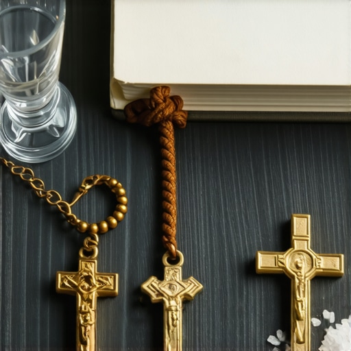 A collection of religious items like Holy Water, rosary beads, prayer journal, and blessed salt arranged on a wooden table in a sacred setting
